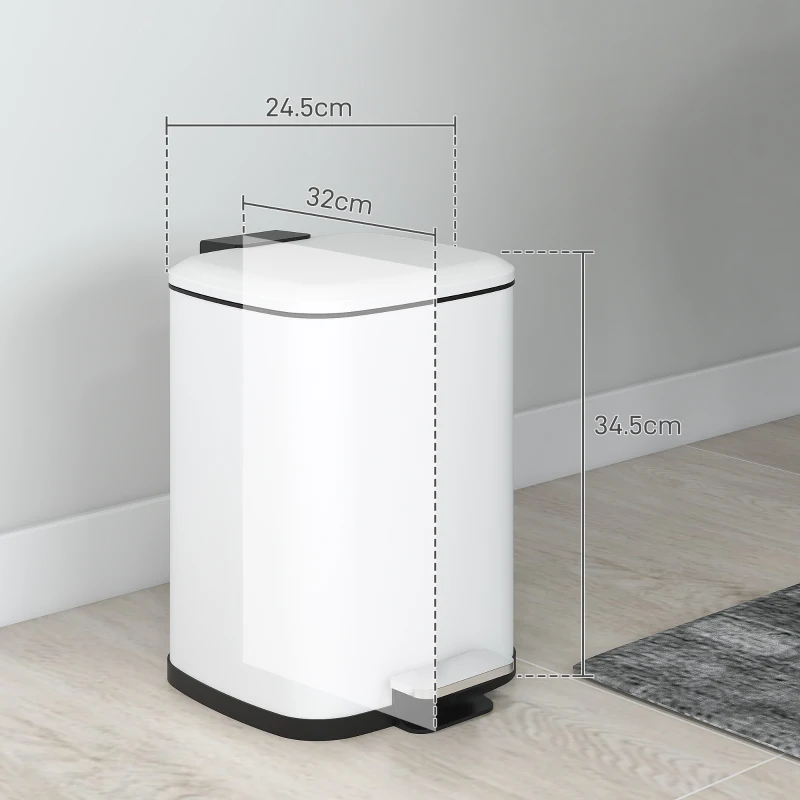 HOMCOM Coș de Gunoi de 12L cu Pedală, Închidere Silențioasă, din Metal și Plastic PP, 24,5x32x34,5 cm, Alb(m-3)