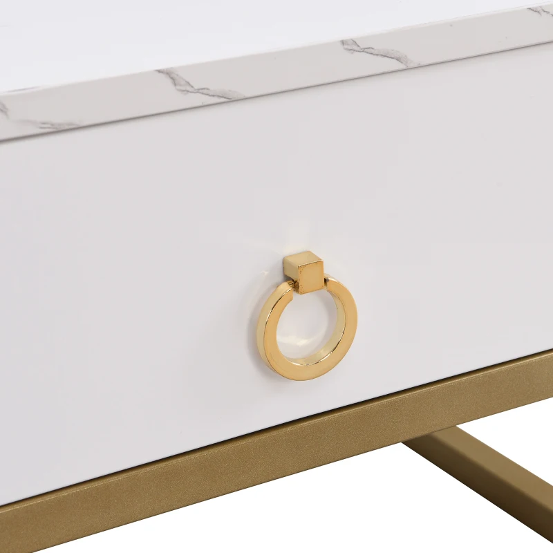 Set of 2 Nesting Coffee Table with High Gloss Top, Gold Accents, and Drawer, Marble Side Table for Living Room, 60x60x45 cm/50x50x34 cm, White