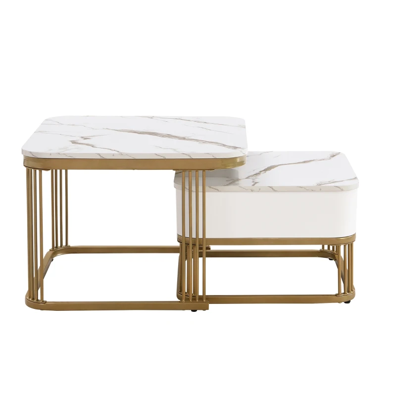 Set of 2 Nesting Coffee Table with High Gloss Top, Gold Accents, and Drawer, Marble Side Table for Living Room, 60x60x45 cm/50x50x34 cm, White