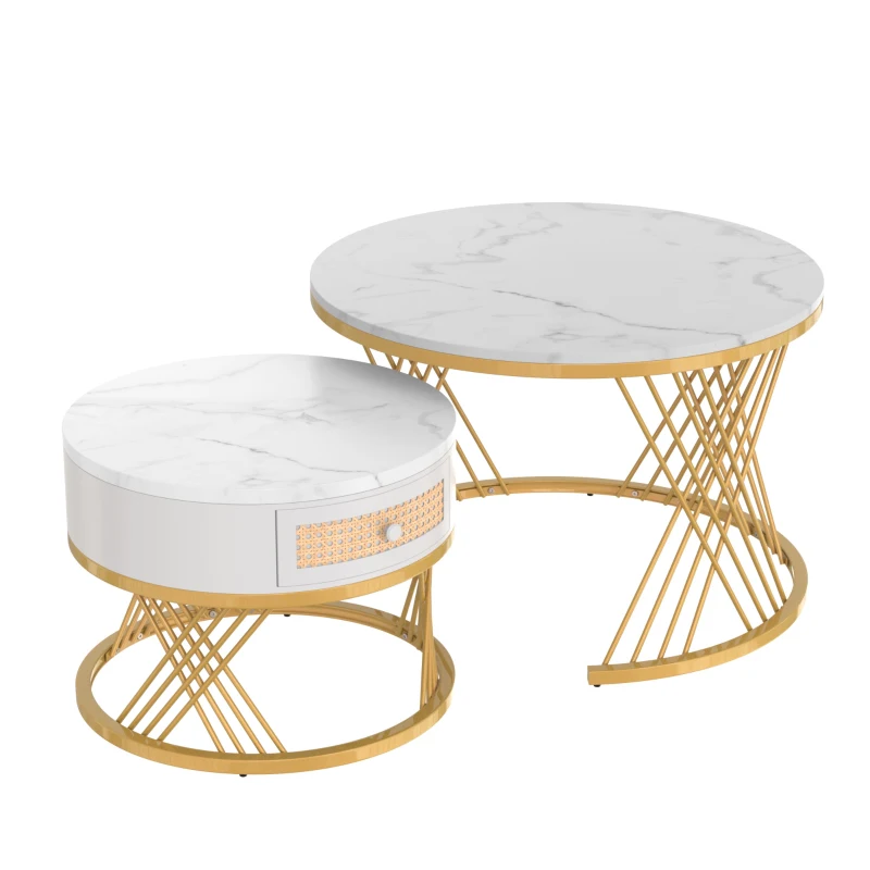 2-in-1 Marble Coffee Table Set with Marble Grain Veneer Top, Rattan Drawers, and Solid Wood Handles, Gold Iron Legs, 70x70x45.5 cm + 50x50x38.5 cm, White+Gold