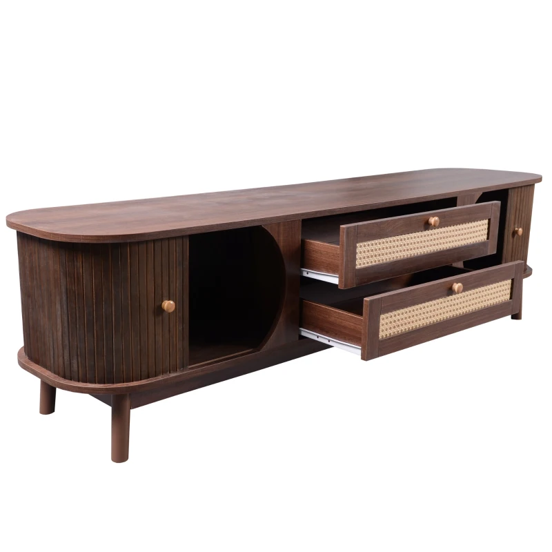 Natural Walnut Modern TV Stand with Rattan Drawers, Solid Wood Doors and Storage Solution, 170x39.5x46 cm, Natural