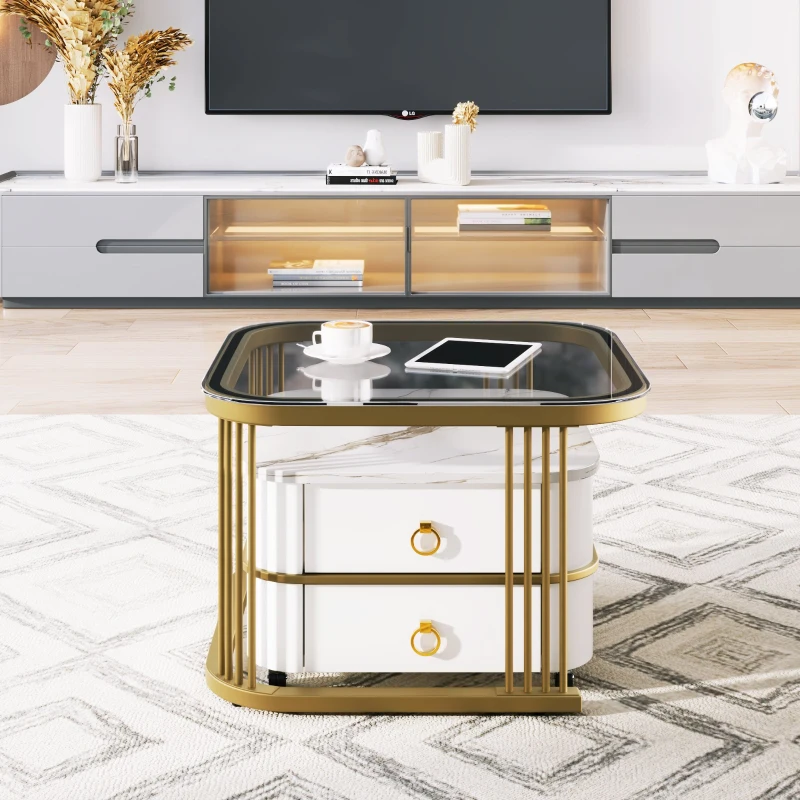 High-Gloss Marble and Glass Nesting Coffee Table with Storage, Handles, Tabletops with Gold Decoration, 60x60x45 cm/50x50x34 cm, White