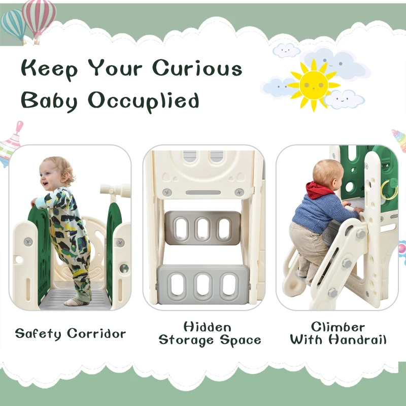 Children's Outdoor Play Equipment Combo with Long Slide, Storage Box, Tunnel, Stair Ladder, Basketball Hoop, Easy Assembly, 153x186x111 cm, Green