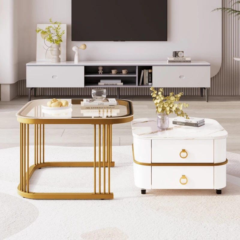 High-Gloss Marble and Glass Nesting Coffee Table with Storage, Handles, Tabletops with Gold Decoration, 60x60x45 cm/50x50x34 cm, White