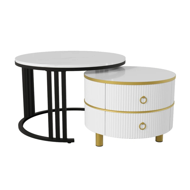 2-in-1 Nesting Table Coffee with Glossy Top and 2 Drawers, Round Modern Coffee Table for Living Room, 70x70x46+50x50x40 cm, White