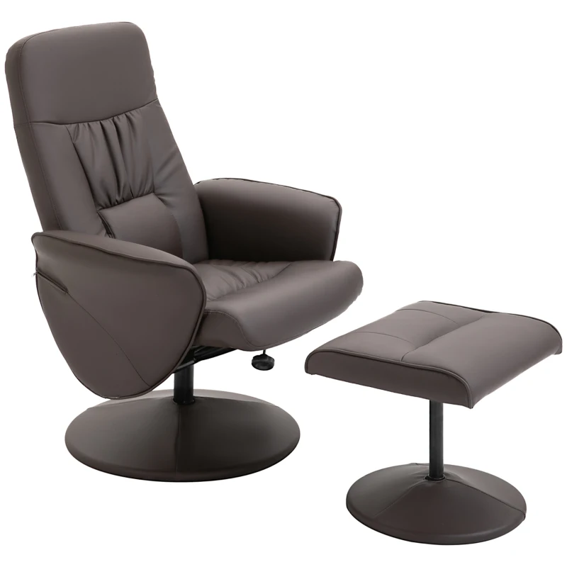 HOMCOM Poltrona Relax com Apoio para os Pés Estofada em PU Poltrona Relax Reclinável até 145° e Giratório 360° com Encosto Ajustável para Sala de Estar Dormitório Escritório 81x81x105cm Marrom