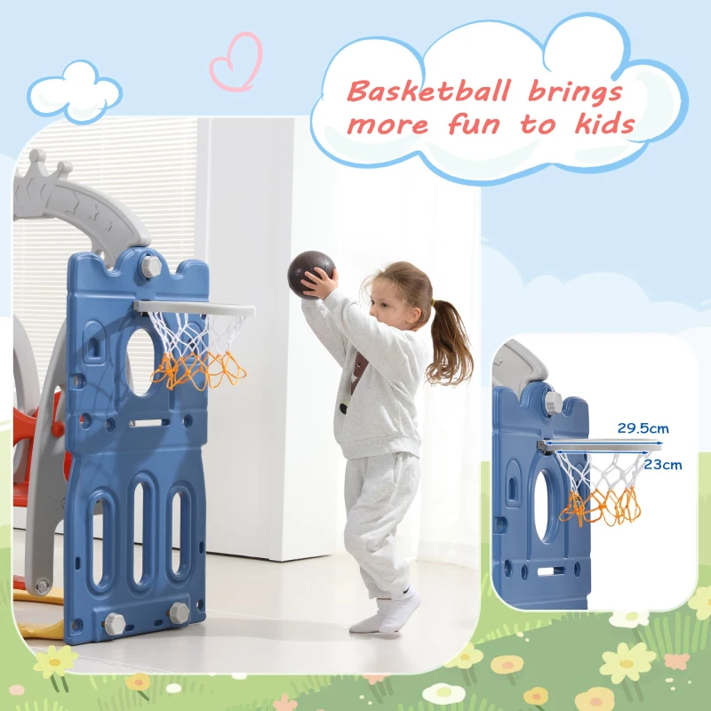 5-in-1 Kids Outdoor Play Equipment with Slide, Climbing Toy, Swing, Basketball Hoop, and Storage, 157x150x120 cm, Blue