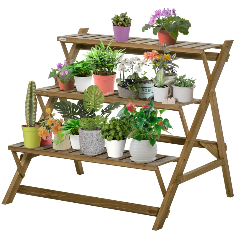 Outsunny Suporte de Madeira para Plantas em Forma de Escada com 3 Prateleiras Dobrável Suporte de Vasos de Plantas para Decoração de Interiores e Exteriores 101x83x88cm Marrom