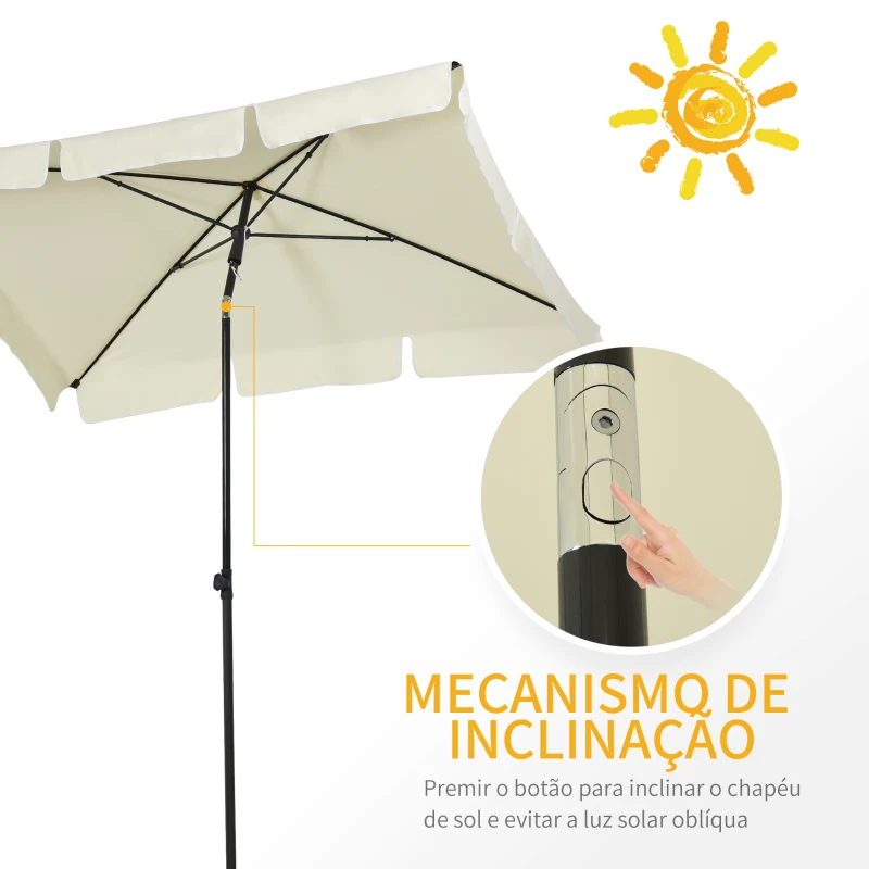 Outsunny Chapéu de Sol Retangular de Jardim 198x130x240cm Chapéu de Sol de Alumínio com Função de Inclinação para Terraço Pátio Exterior Creme