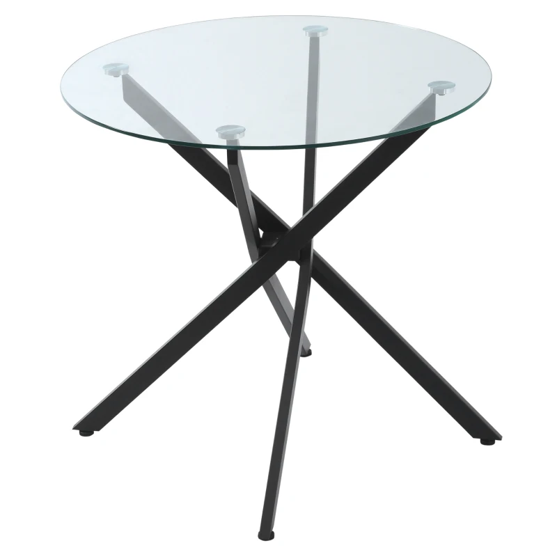 HOMCOM Mesa de Sala de Jantar Redonda com Bancada de Cristal Temperado Transparente e Pés Cruzados de Metal Mesa de Centro Moderna Ø80x75cm Preto