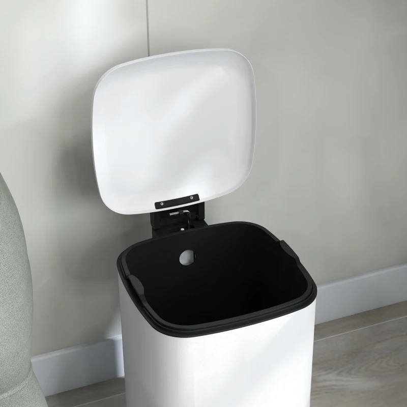 HOMCOM Coș de Gunoi de 12L cu Pedală, Închidere Silențioasă, din Metal și Plastic PP, 24,5x32x34,5 cm, Alb(m-9)