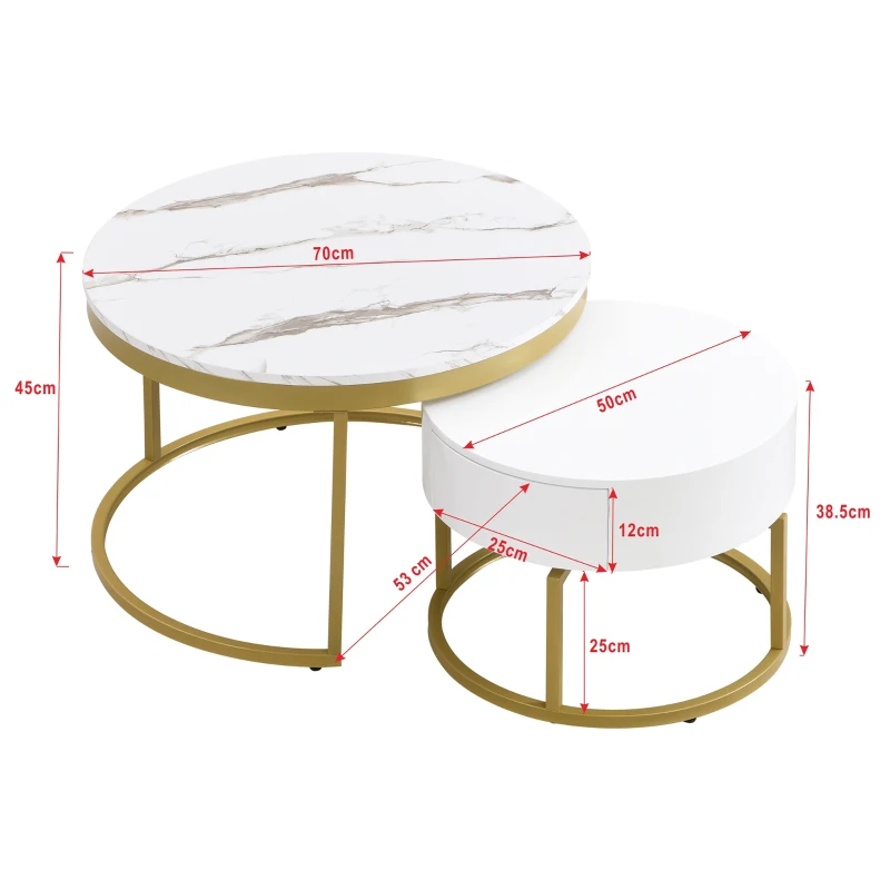 Round Nesting Marble Coffee Table with Storage Drawers, High Gloss Tabletops, Golden Metal Frame, 70x70x45 cm/50x50x38.5 cm, White