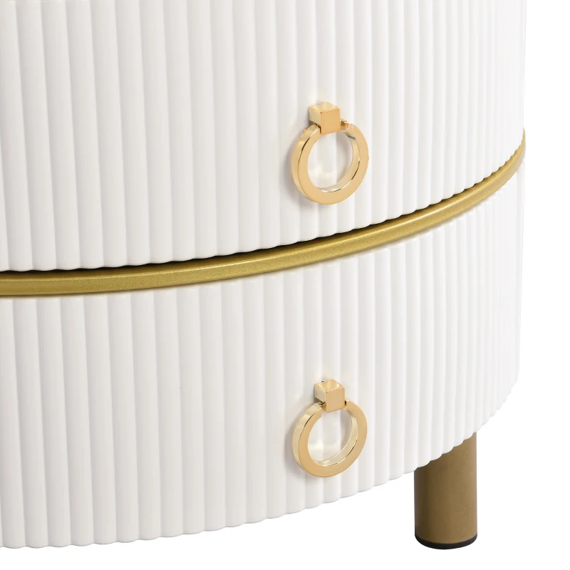 Set of 2 Round Nest of Tables with High-Gloss and Tempered Glass Tops, for Living Room - Brown+White