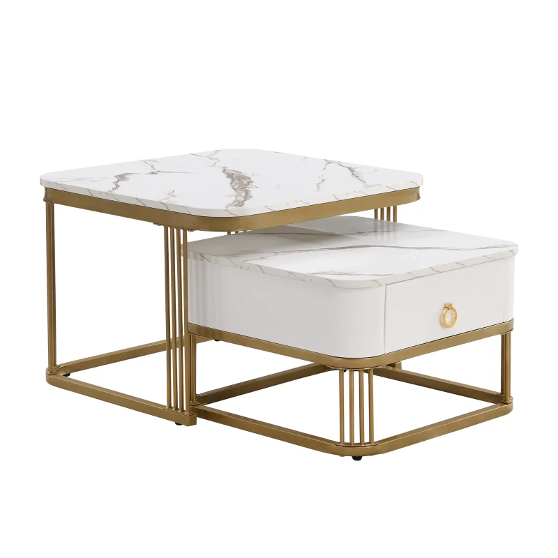 Set of 2 Nesting Coffee Table with High Gloss Top, Gold Accents, and Drawer, Marble Side Table for Living Room, 60x60x45 cm/50x50x34 cm, White