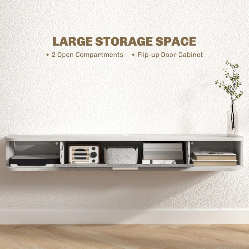 HOMCOM Mobilier TV Suspendat cu 2 Rafturi Deschise și un Dulăpior cu Ușă Rabatabilă, 120x26x16 cm, Gri