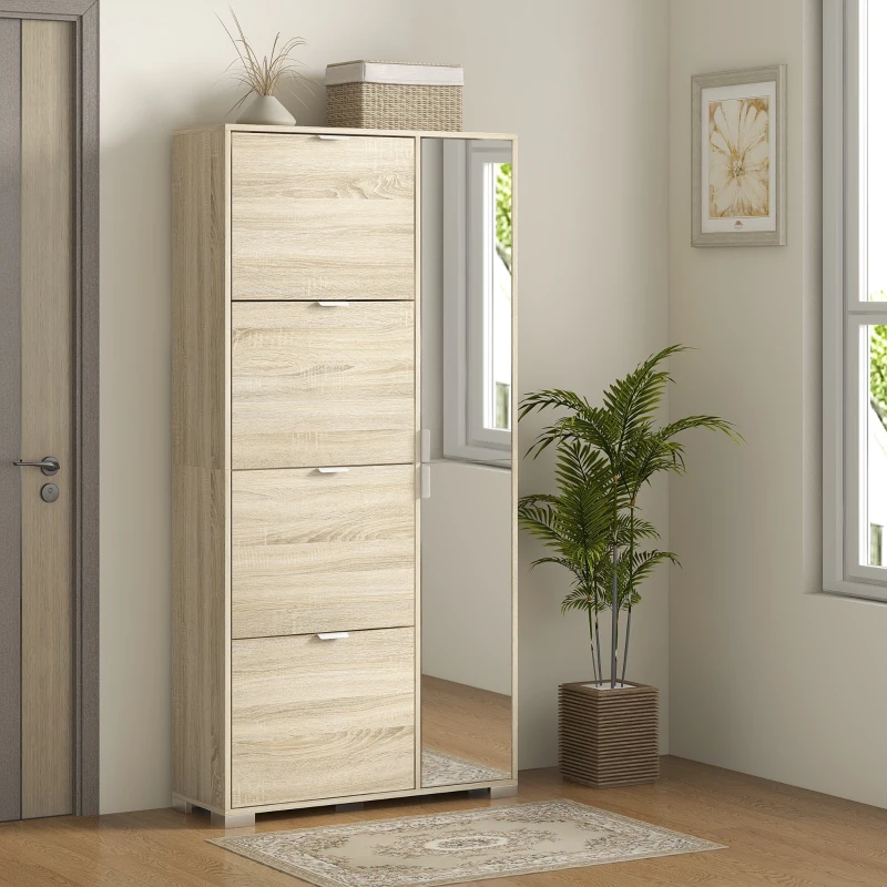HOMCOM Etajeră pentru Pantofi cu Oglindă, 4 Sertare Rabatabile și 2 Dulapuri, 82x30x168 cm, Culoare Stejar(m-2)