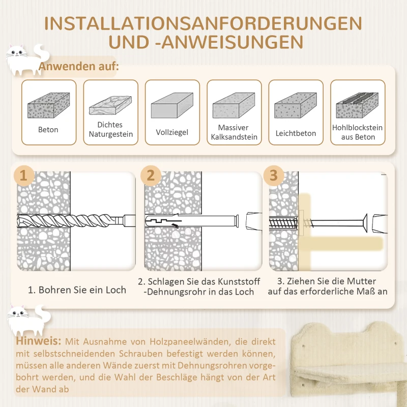 PawHut Klimmuur-Set voor Katten, 4-Delig, Drielaags Platform, Ladder, Spaanplaat, Beige
