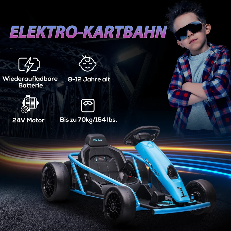 HOMCOM Elektryczny Gokart dla Dzieci z Funkcją Driftu, Klakson, Muzyka, Pas Bezpieczeństwa, Miękki Start, Niebieski/Czarny