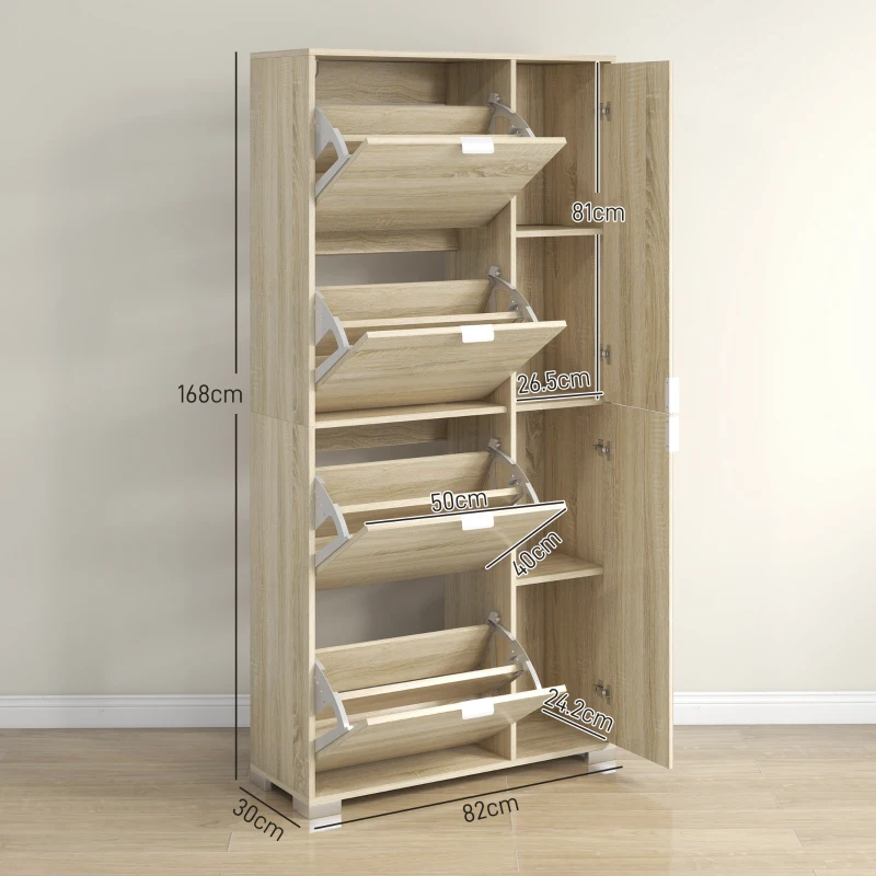 HOMCOM Etajeră pentru Pantofi cu Oglindă, 4 Sertare Rabatabile și 2 Dulapuri, 82x30x168 cm, Culoare Stejar(m-3)