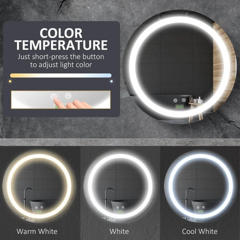 Kleankin Oglindă de Baie Rotundă cu Lumină LED, Oglindă cu Lumină Reglabilă și Funcție Anti-Aburire, Ø50 cm, Argintie