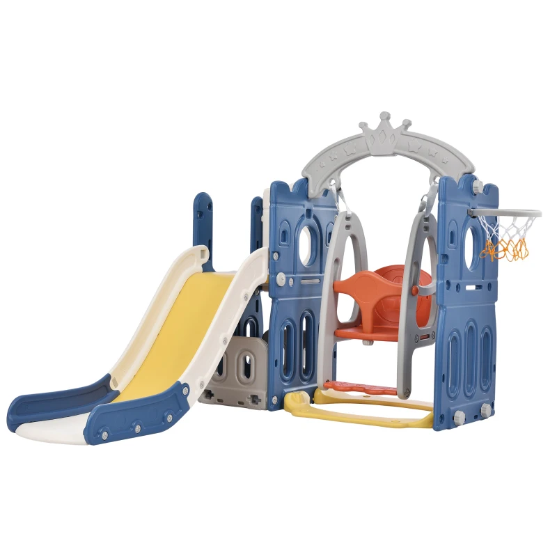 5-in-1 Kids Outdoor Play Equipment with Slide, Climbing Toy, Swing, Basketball Hoop, and Storage, 157x150x120 cm, Blue