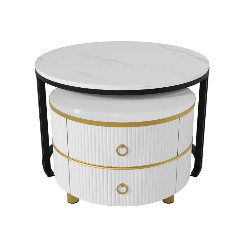 2-in-1 Nesting Table Coffee with Glossy Top and 2 Drawers, Round Modern Coffee Table for Living Room, 70x70x46+50x50x40 cm, White
