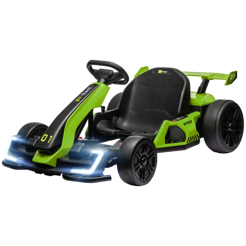 HOMCOM Go Kart Electric pentru Copii cu Scaun Reglabil, 2 Motoare, Claxon, Lumini și Muzică, 120x76x53,5 cm, Verde(m-10)