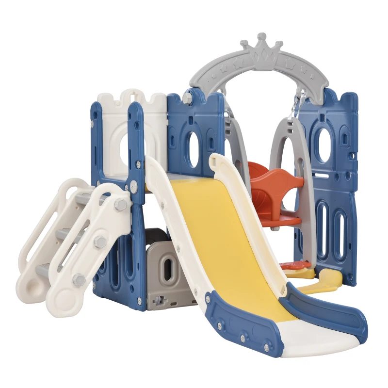 5-in-1 Kids Outdoor Play Equipment with Slide, Climbing Toy, Swing, Basketball Hoop, and Storage, 157x150x120 cm, Blue