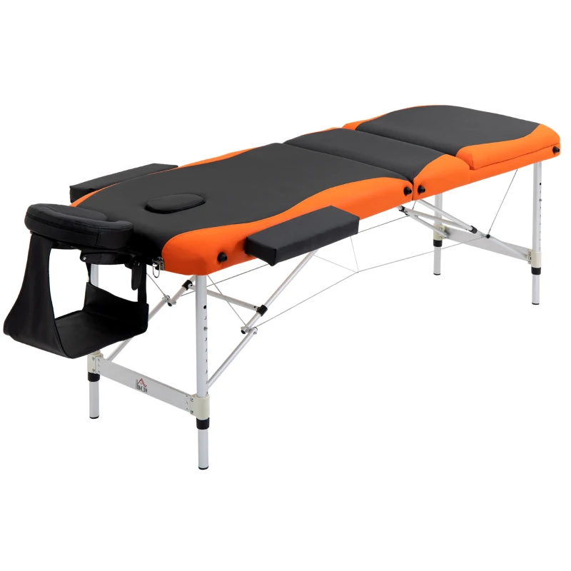 HOMCOM Marquesa de Massagem Dobrável e Portátil com Altura Ajustável e Apoio para a Cabeça 180x60x62-82 cm Laranja e Preto