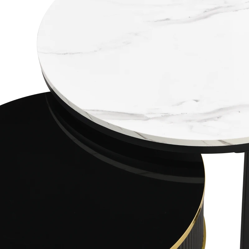 2-in-1 Marble Coffee Table with Storage, Glossy Tops, 2 Sliding Drawers, Side Tables for Living Room, 70x70x46/50x50x40 cm, White+Black