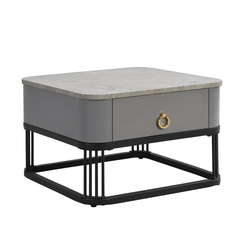 Set of 2 Marble Coffee Table with Black Legs and Drawers, Nesting Coffee Table with High-Gloss Tabletops, 60x60x42 cm+50x50x33.5 cm, Black