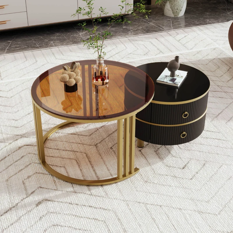 2-in-1 Round Coffee Table Set with High-Gloss and Tempered Glass Tops, 2 Drawers, Ideal for Living Room, 70x70x45 + 50x50x40 cm, Brown+Black
