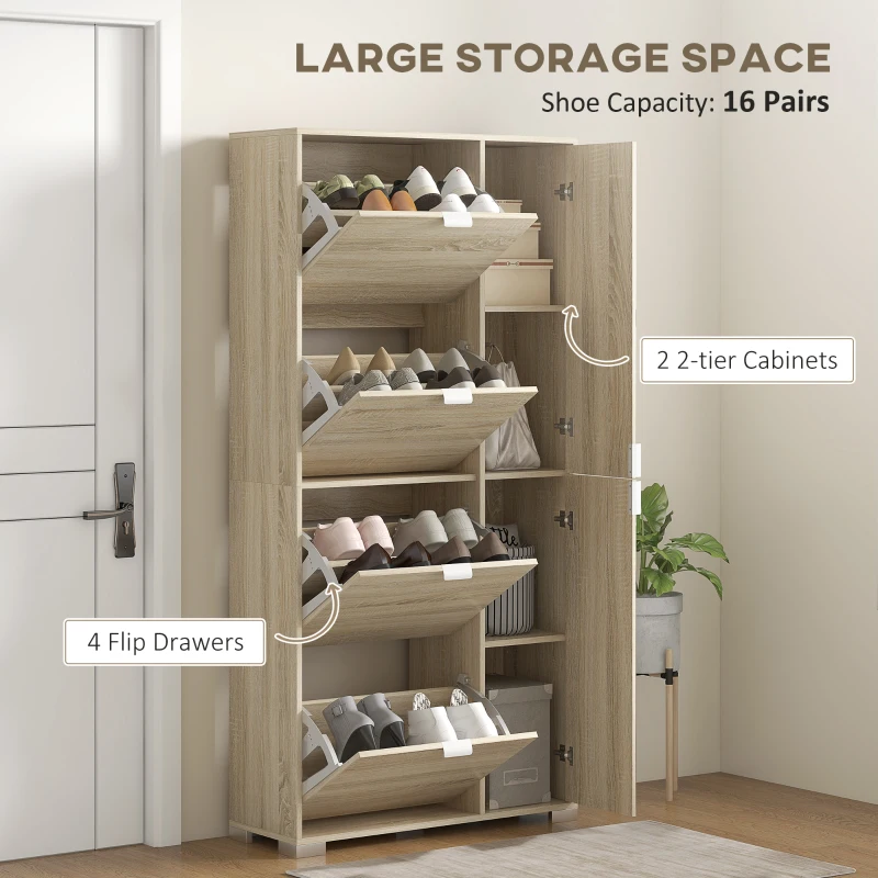 HOMCOM Etajeră pentru Pantofi cu Oglindă, 4 Sertare Rabatabile și 2 Dulapuri, 82x30x168 cm, Culoare Stejar(m-5)