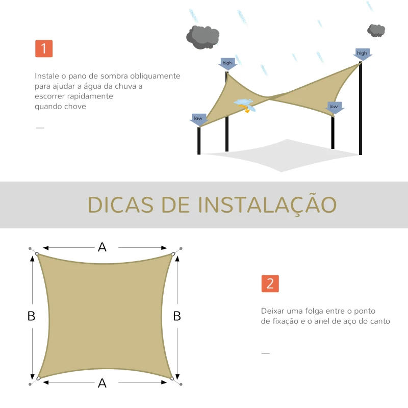 Outsunny Vela de Sombra Quadrado 3x3 m Toldo Vela de HDPE com Proteção UV Aneis em Forma de D e Cordas para Jardim Pátio Piscina Areia