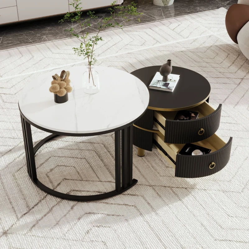 2-in-1 Marble Coffee Table with Storage, Glossy Tops, 2 Sliding Drawers, Side Tables for Living Room, 70x70x46/50x50x40 cm, White+Black