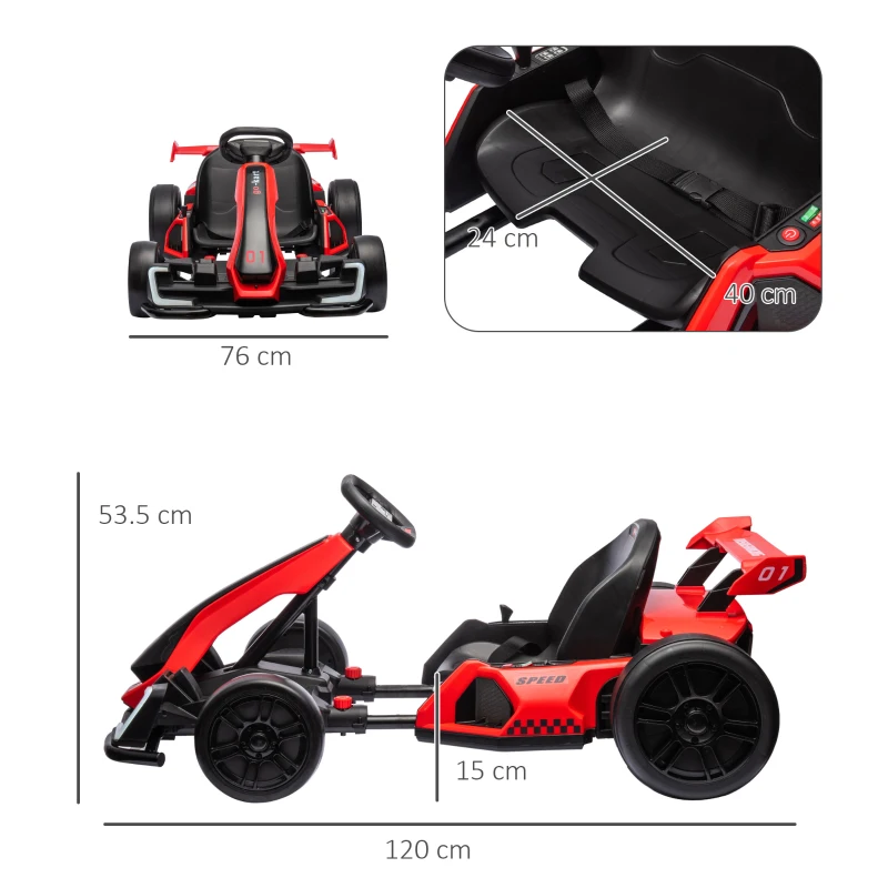 HOMCOM Go-Kart Electric pentru Copii cu Scaun Reglabil, 2 Motoare, Claxon, Lumini și Muzică, 120x76x53.5 cm, Roșu(m-3)
