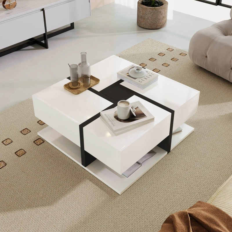 Square Coffee Table with 4 Drawers, Unique Pattern and Bottom Storage, 78x78x36 cm, White