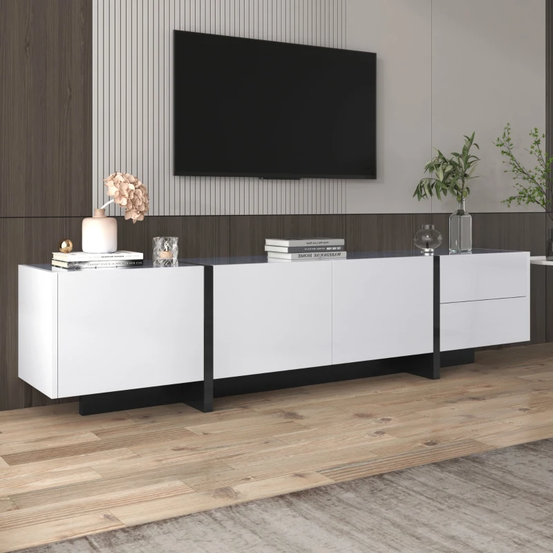 High-Gloss Modern TV Cabinet with Doors and Drawers, Black and White Design, 190x35x45 cm, White