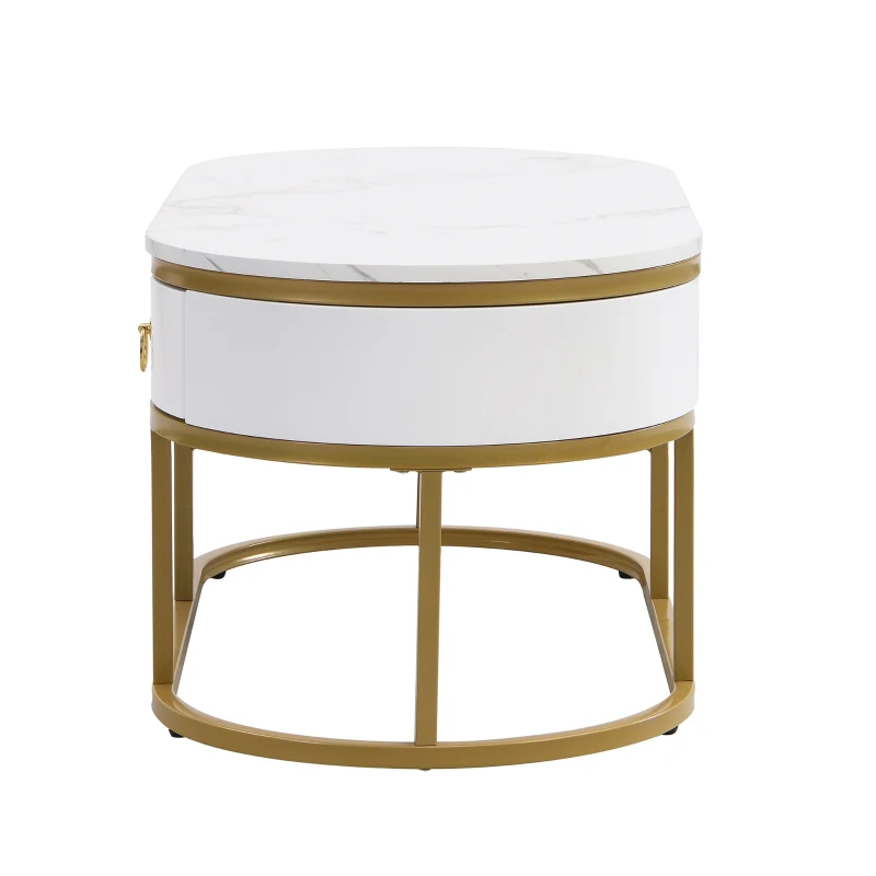 Oval Coffee Table with Marble Look, Golden Iron Frame, Drawers, and Shelves, 100x50x45 cm, White