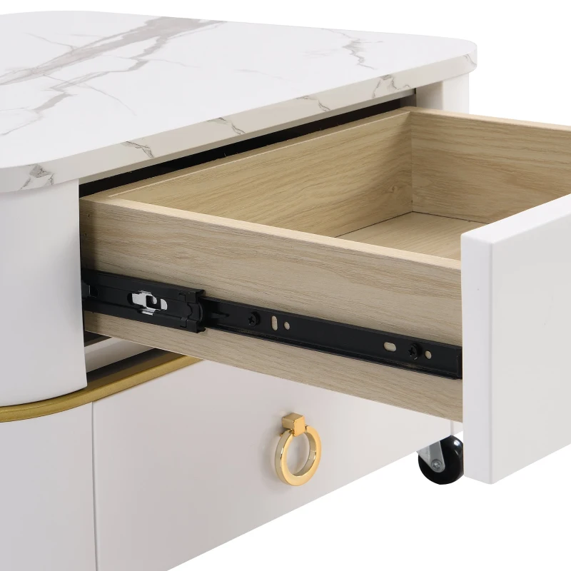 High-Gloss Marble and Glass Nesting Coffee Table with Storage, Handles, Tabletops with Gold Decoration, 60x60x45 cm/50x50x34 cm, White