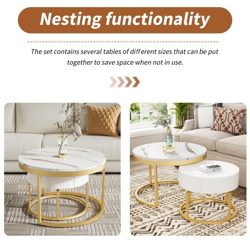 Round Nesting Marble Coffee Table with Storage Drawers, High Gloss Tabletops, Golden Metal Frame, 70x70x45 cm/50x50x38.5 cm, White