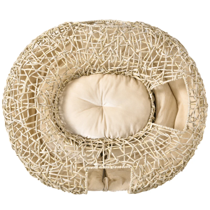 PawHut Cama para Gatos de Vime PE 78x69x22cm Cama para Gatos com Almofada Suave 3 Orifícios de Acesso e Canal em Forma de Anel Natural