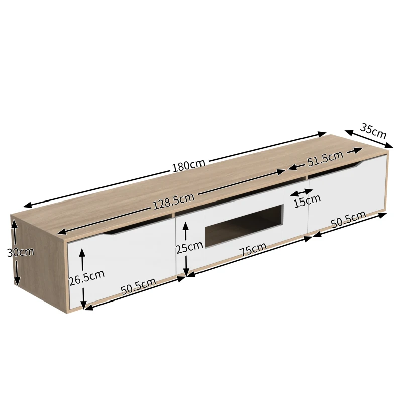 High Gloss Modern TV Stand with LED Lights, Versatile Mounting Options, 180x35x30 cm, White