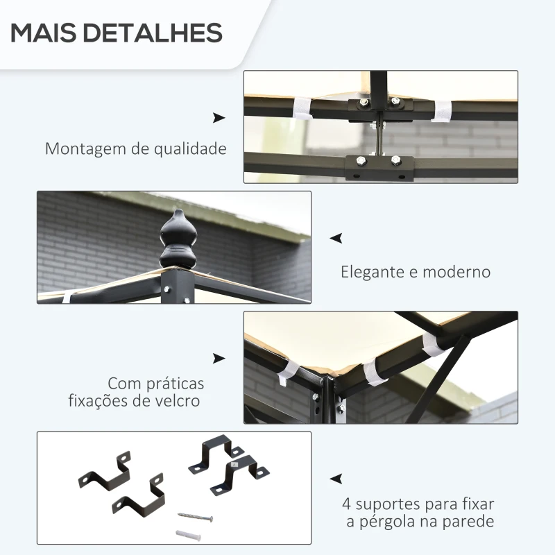 Outsunny Pérgola de Jardim 3x3m Pérgola Montada na Parede com Toldo e 16 Orifícios de Drenagem Metal e Poliéster Creme