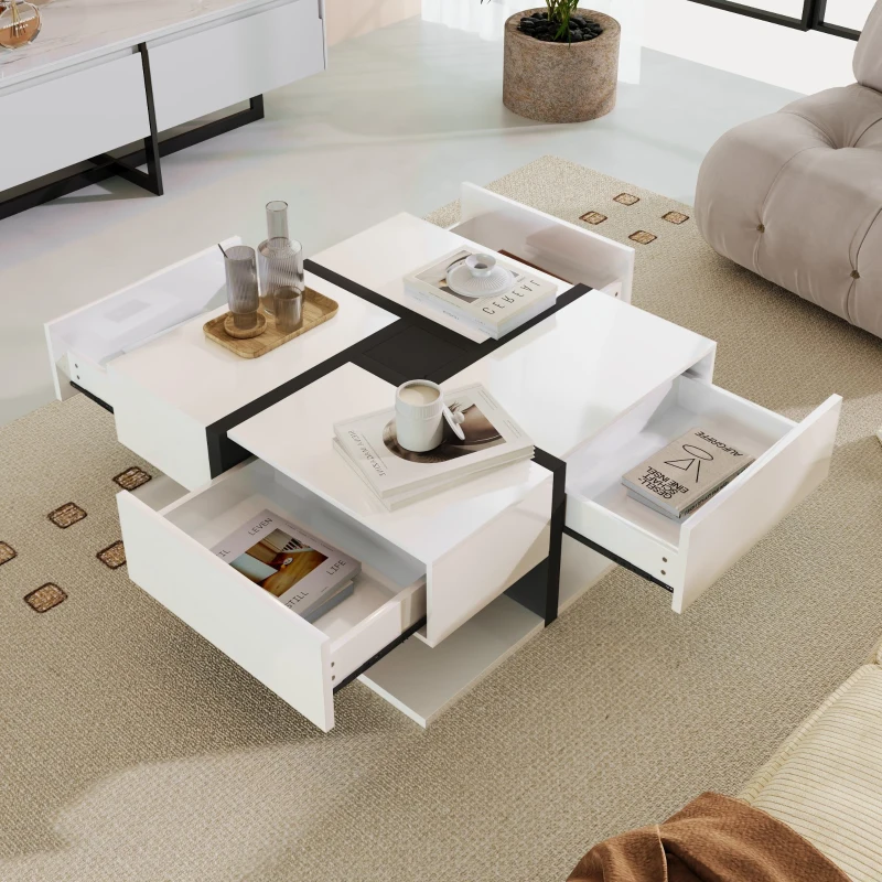 Square Coffee Table with 4 Drawers, Unique Pattern and Bottom Storage, 78x78x36 cm, White