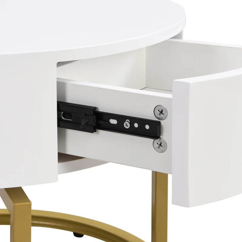 Round Nesting Marble Coffee Table with Storage Drawers, High Gloss Tabletops, Golden Metal Frame, 70x70x45 cm/50x50x38.5 cm, White