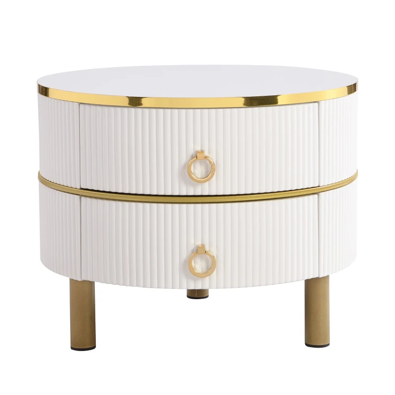 Set of 2 Round Nest of Tables with High-Gloss and Tempered Glass Tops, for Living Room - Brown+White