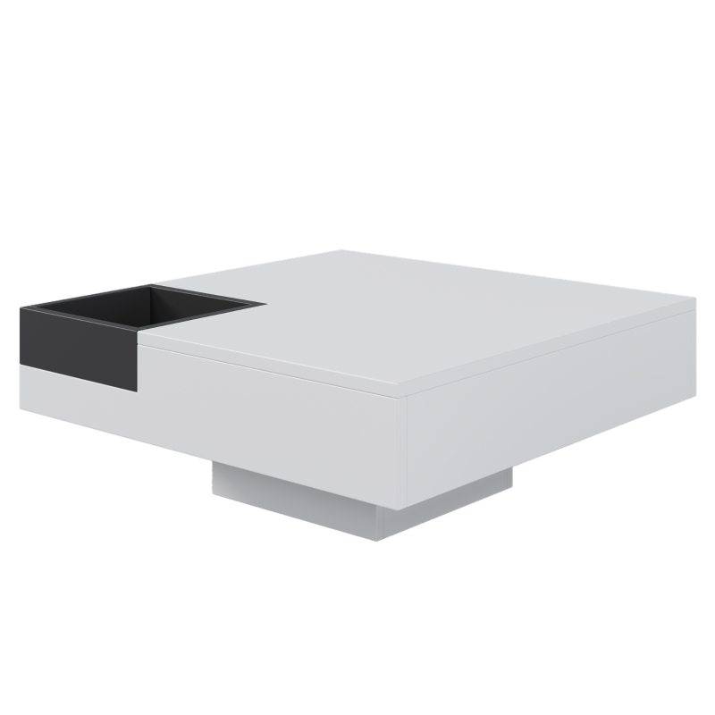 Glossy Lift Top Coffee Table with Removable Storage Box and LED Light Effect, 72x72x30 cm, White