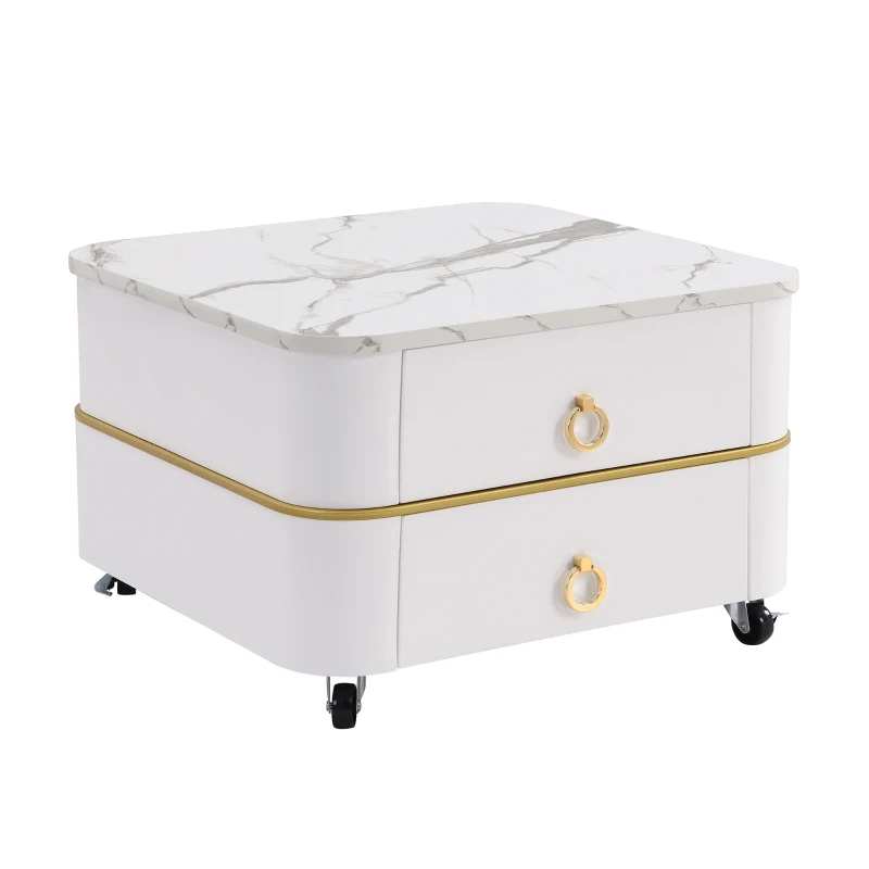 High-Gloss Marble and Glass Nesting Coffee Table with Storage, Handles, Tabletops with Gold Decoration, 60x60x45 cm/50x50x34 cm, White