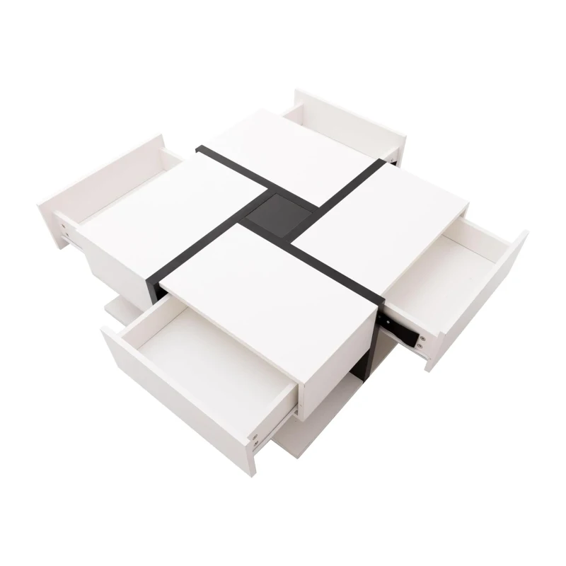 Square Coffee Table with 4 Drawers, Unique Pattern and Bottom Storage, 78x78x36 cm, White